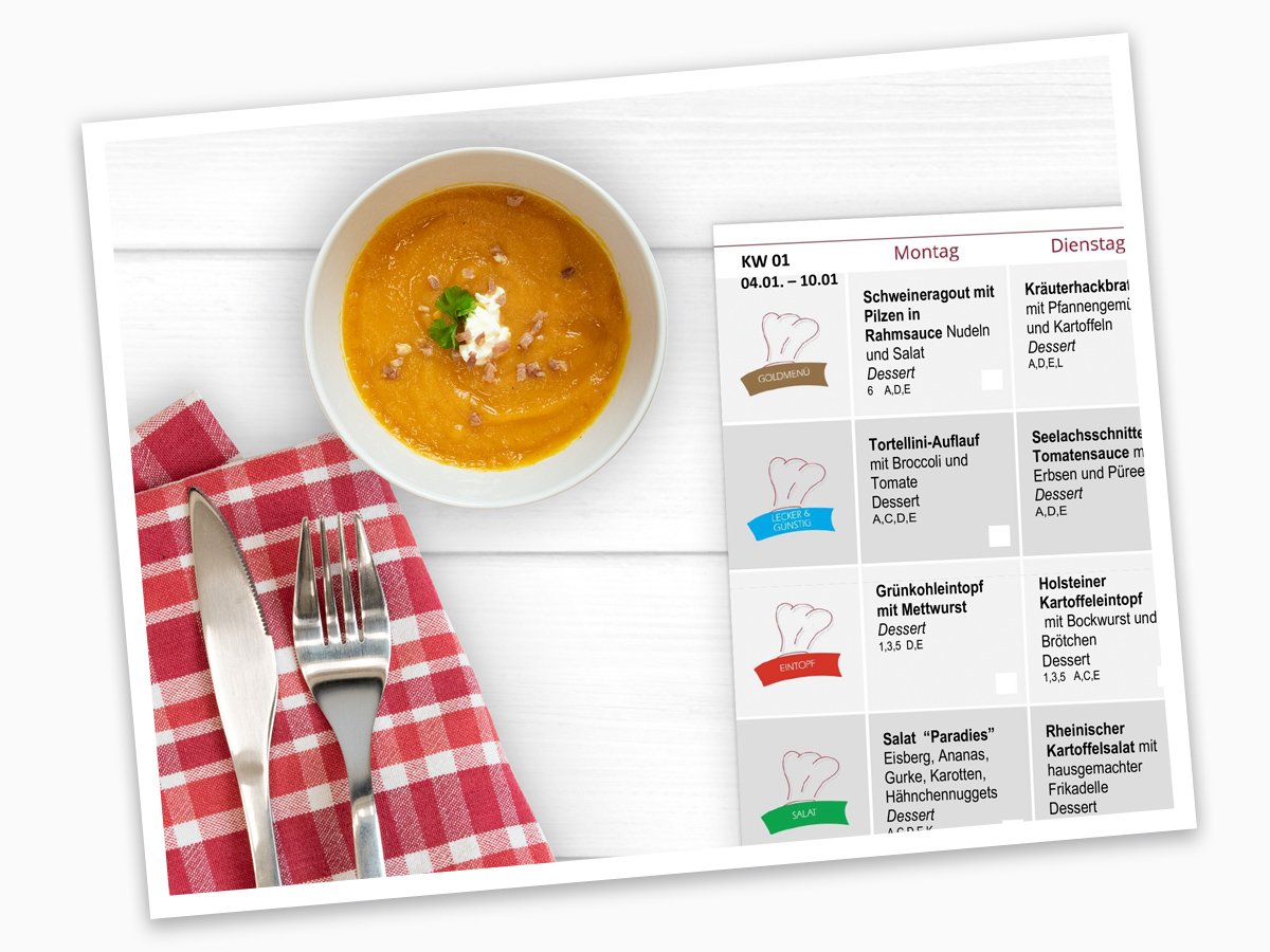 Aufwendig drapierte und frisch zubereitete Gerichte von Henkelmann Gastronomiebetrieb mit Speiseplan für die aktuelle Woche. Henkelmann Gastronomiebetrieb